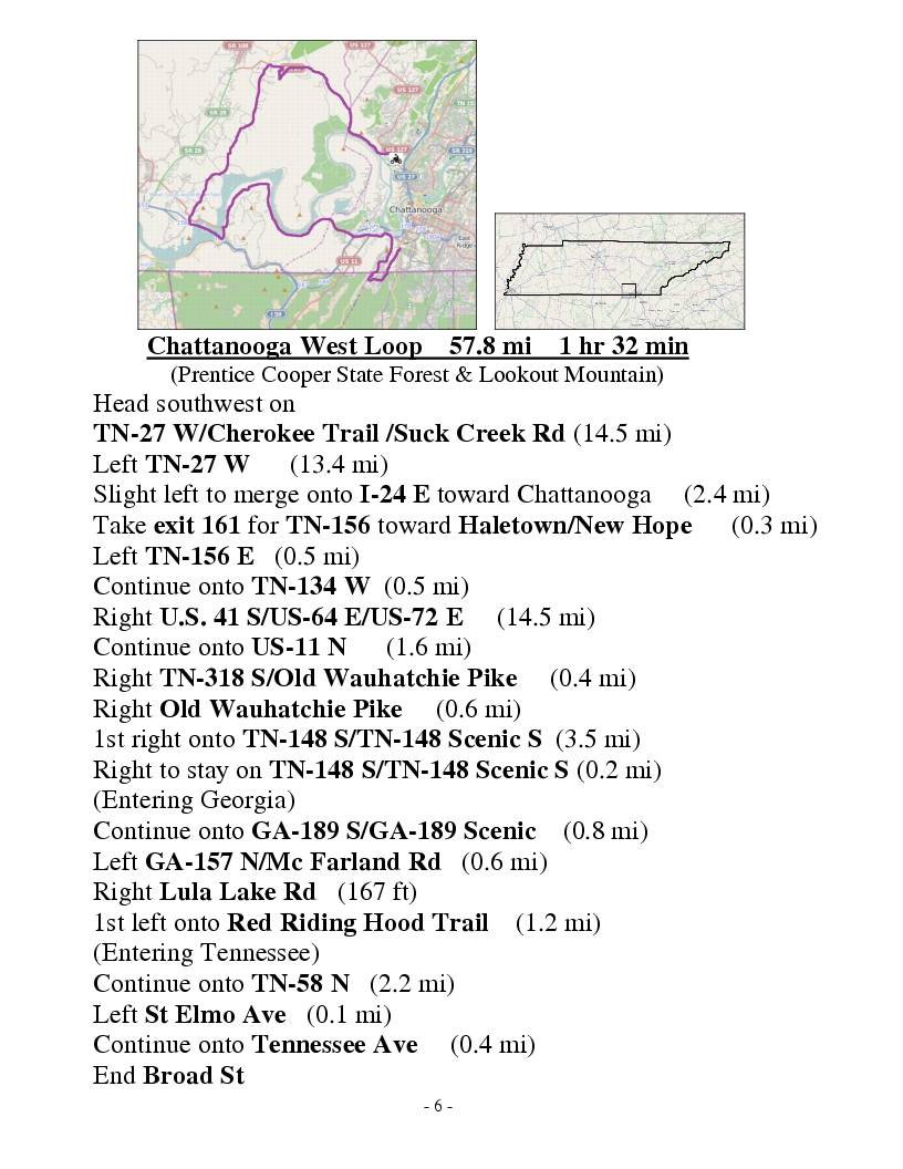 Chattanooga West Loop Scenic Ride Directions