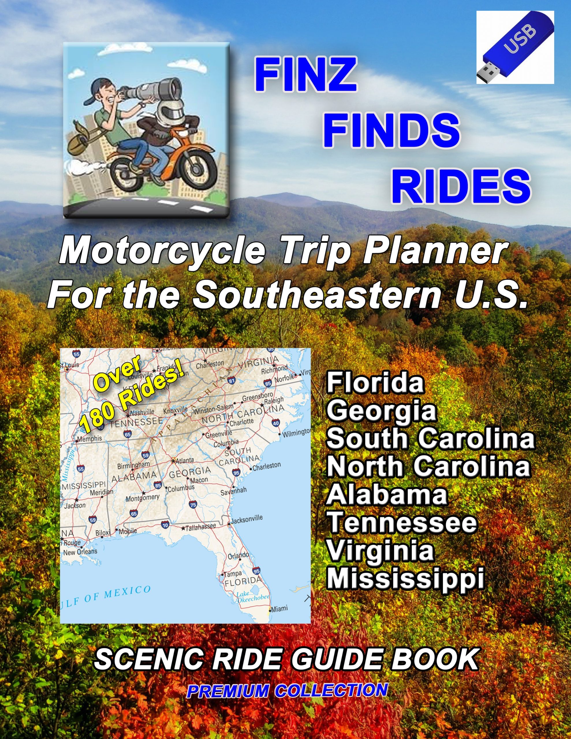 DISCOUNTED PACKAGE – Scenic Ride Guide Book Motorcycle Trip Planner For The Southeastern U.S. Paperback And GPS – 184 Rides
